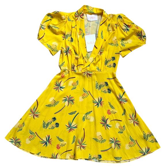 NWT Selkie Birdy Dress Yellow Pina Colada Print Size S Tropical Puff Sleeve Mini - Picture 1 of 6